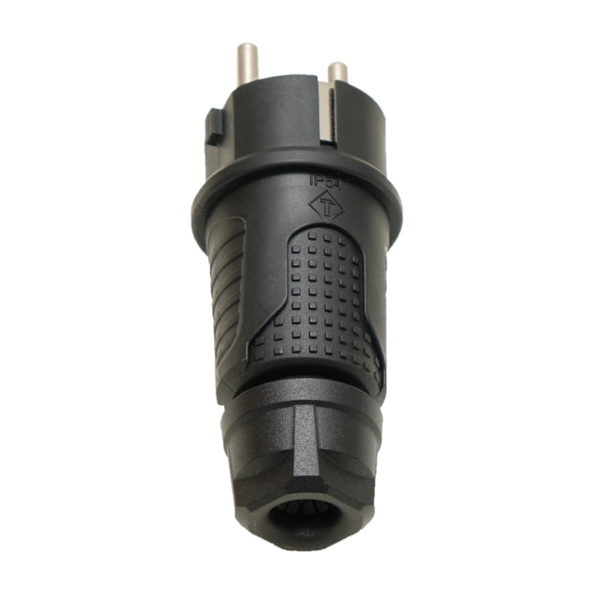 Černá gumová zástrčka IP54, 250v 16a na kabel, Uni-Schuko (dvojité uzemnění), 2P+E, REF, Bylion Wtyczka gumowa hermetyczna czarny black rubber plug