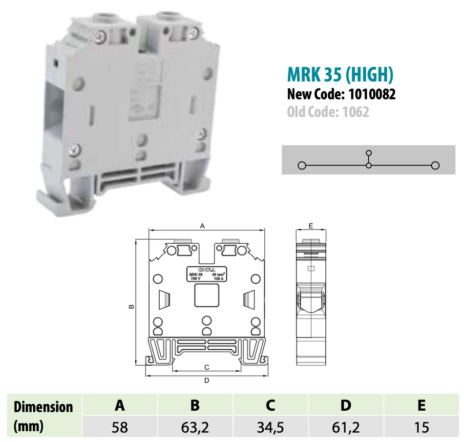 ONKA 35mm2 Screw connection rail connection terminal on DIN rail 2-wire gray, 1010082