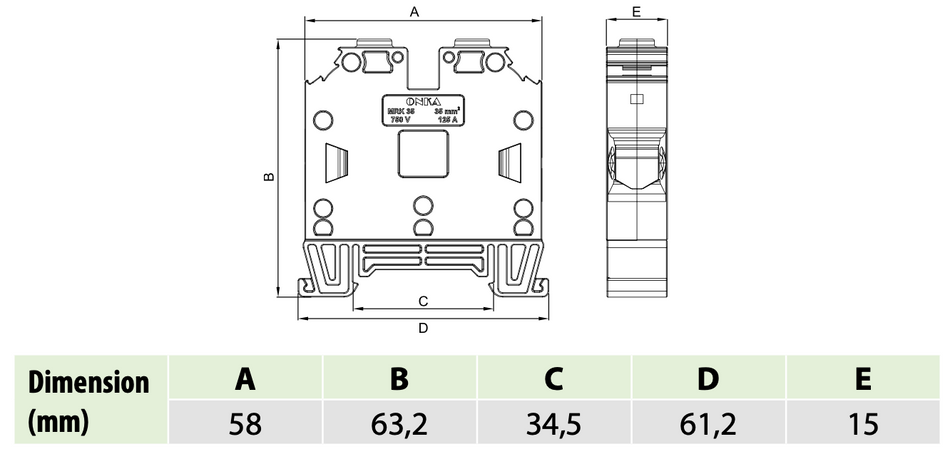 ONKA 35mm2 screw connection rail connection terminal on DIN rail 2-wire blue, 1010085